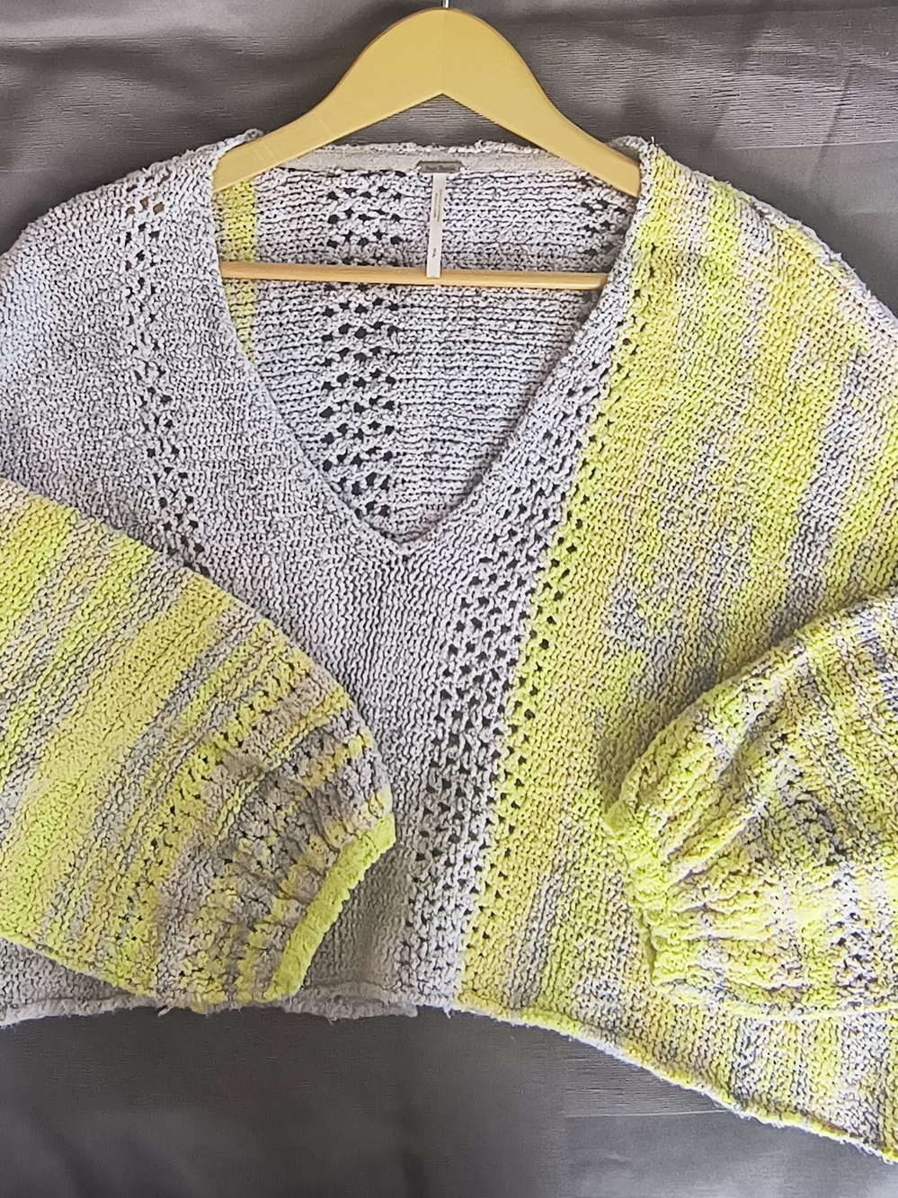 Free People Light Gray & Yellow V-Neck Knit Sweater